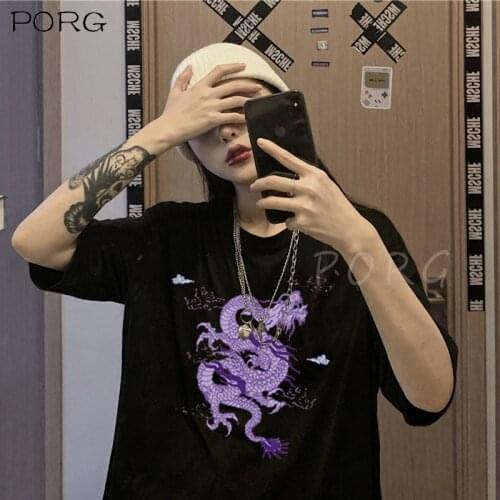 Woman Cotton Tshirts Harajuku Dragon Graphic T Shirts Women Tops Aesthetic Vintage Femme T-shirts Korean Style Oversized T Shirt