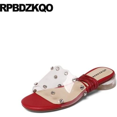 Women Flat Shoes Tie Up Rhinestone Holiday Transparent Ladies Strap Sandals Plastic Female Girls Rivet Perspex Jewel Red Stud