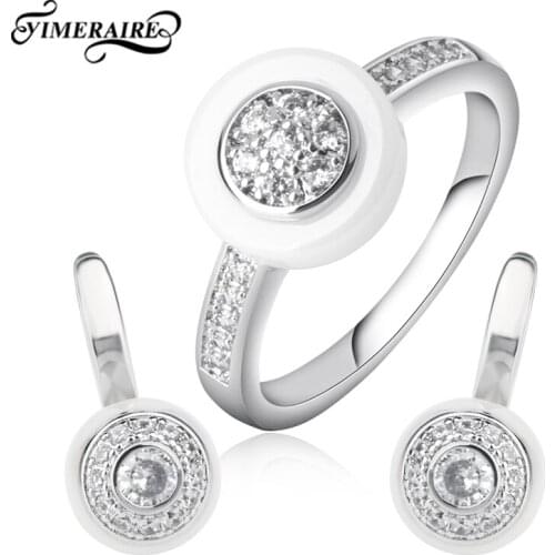 Modern Fashion Ceramic Jewelry Sets With Shiny Crystals For Women Black White Thin 2mm Width Ring Round Earrings Party Accessory