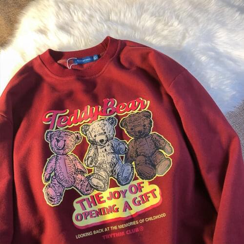 Girls Sweatshirt 2020 Autumn Cute Bear Cartoon Print Student Sweatshirt Wine Red Sweatershirt Women