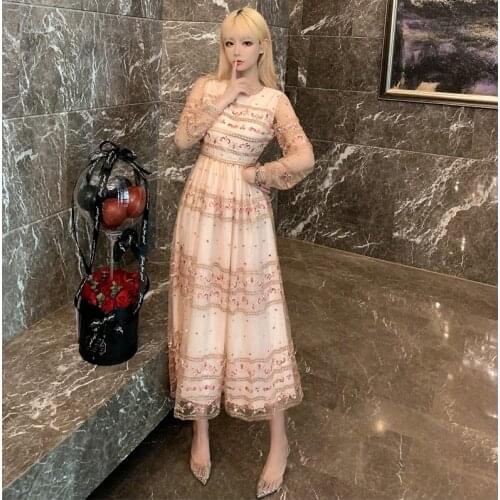 Mesh Embroidery Long Dress Woman O-neck Full-sleeve Vintage Elegant Vestido Autumn Runway Party Dresses Female 2021 Clothing