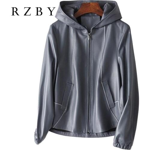 Real 100% Women shepskin hooded coat 2021 spring casual fashion Genuine Leather Jackets M-XXL RZBY211
