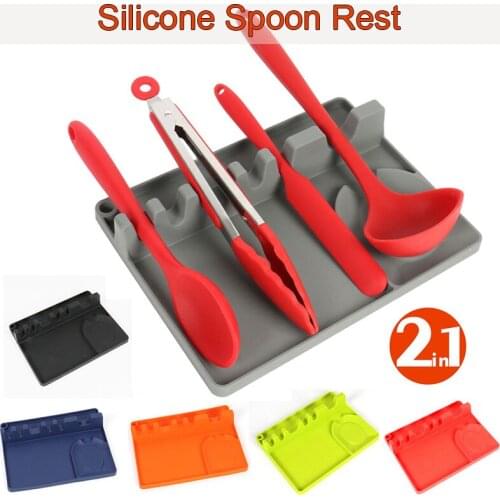 2 in 1 Silicone Spoon Rest Larger Size Spoon Holder Upgraded Utensil Rest Includes 1 Spoon Holder and 5 Slots Kitchen Tools