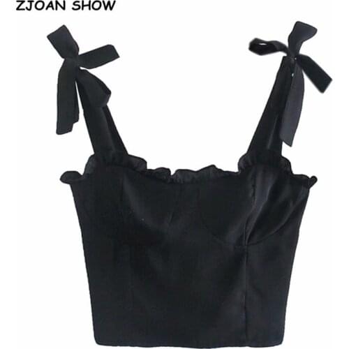 2021 French Black Tie Bow Strap Camis Women Summer Ruched Short Tank Tops Retro Cool Girl Sexy Slim Crop Top Tees