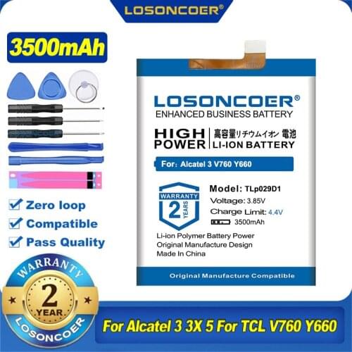 100% Original LOSONCOER 3500mAh TLp029D1 Battery For Alcatel 3 3X 5 For TCL V760 Y660 Free Tools
