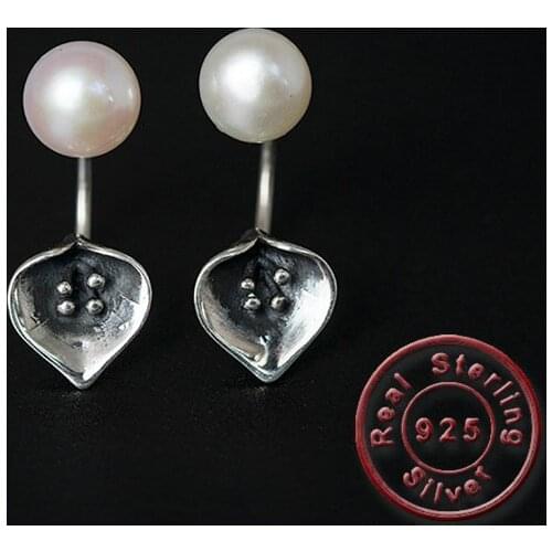 Amxiu Fashion Freshwater Pearl Earrings Vintage Antique Silver Earrings Handmade Leave Drop Earrings For Women Girls Accessories