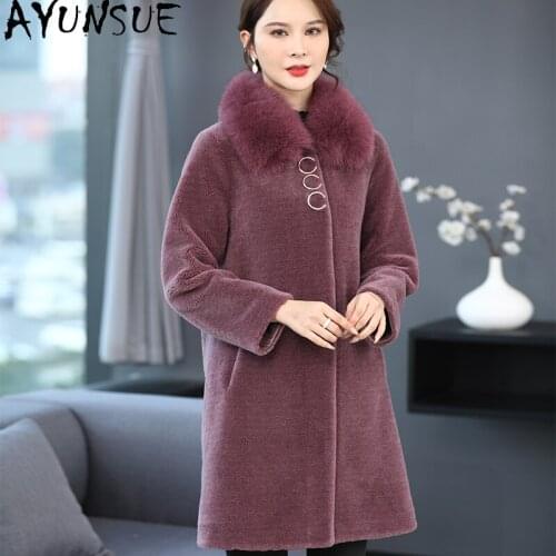 AYUNSUE 100% Real Sheep Shearling Coat Female Winter 2021 Fox Fur Collar Coats Women Wool Jackets Elegant Casaco Feminino Gxy215