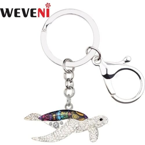 WEVENI Enamel Metal Ocean Sea Turtle Tortoise Key Chains Keychains Ring Rhinestone Animal Jewelry For Women Girls Hot Car Bijoux