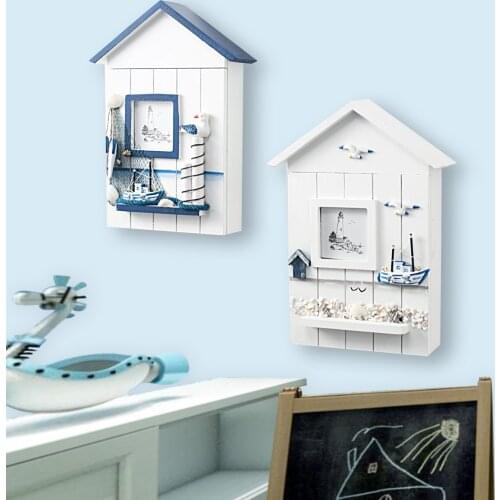 Mediterranean House Shape Style Key Holder Storage Box Creative Wall Hook Hanging Wooden Crafts Living Room Home Decoration