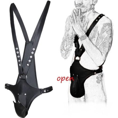 Erotic Leather Thong With Cock Scrotum Bag,BDSM Bondage Harness Open Crotch Pant,SM Mens Cock Cage Chastity Panty,Sexy Lingerie