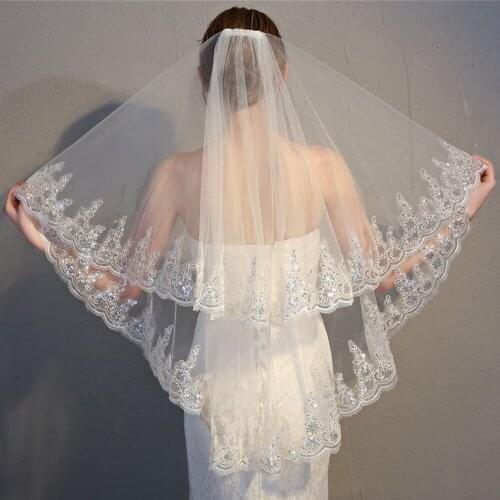 Women Wedding Bridal Veil 2 Tier Tulle Fingertip-length Lace Edge Veil with Comb Birthday Party Lady Head Accessory Ivory White