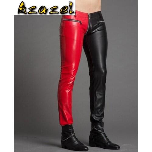 Hot Mens New Slim Fashion personality color block tight-fitting leather pants zipper plus size Men trousers singer costumes