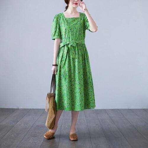 Square Collar Cotton Print Floral Mori Girls Summer Dress 2021 New Arrival Vintage Women Casual Dress Office Lady Work Dress