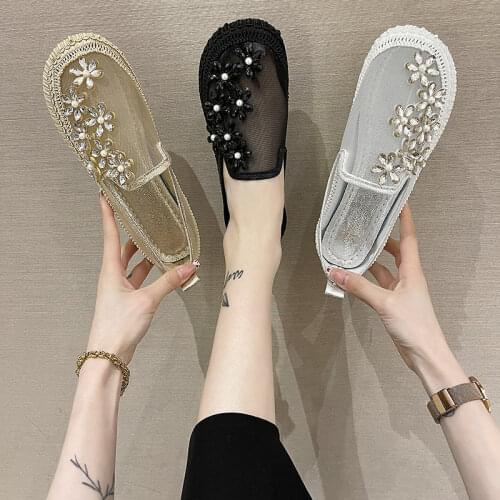 2021 New Lace Mesh Crystal Floral Loafers Shoes Women Comfort Breathable Summer Walking Shoes Woman Fashion Slip-on Ballet Flats