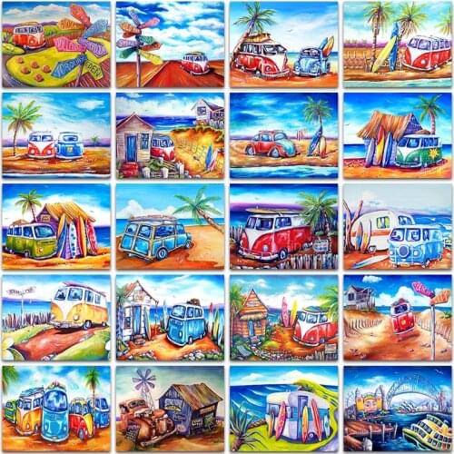 5D DIY Diamond Painting Kit Paint Color Red VW car bus Autos Sea landscape Full Square&Round embroidery mosaic Cross stitch Sale