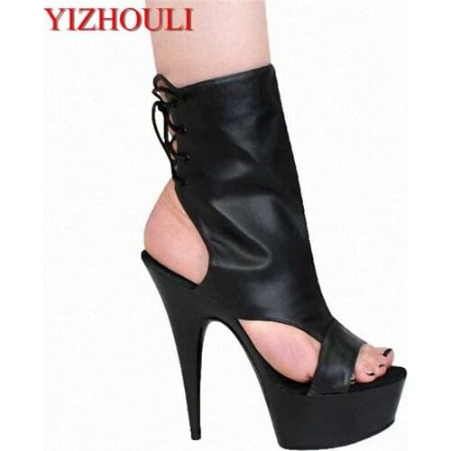 Sexy womans open toe boots, summer high heel boots, fashion lace-up, ladies 15 cm heel high stage show ankle boots