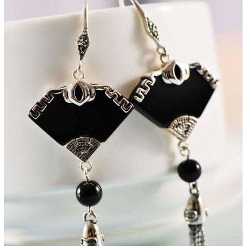 Real 925 Sterling Silver Court Retro Fashion Fan-Shaped Black Agate Tassel Elegant Earrings Exquisite Party Jewelry