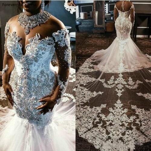 Luxury Long Sleeves Wedding Dresses Mermaid Sheer Lace Beaded Formal Bridal Gowns Custom Made Plus Size Available