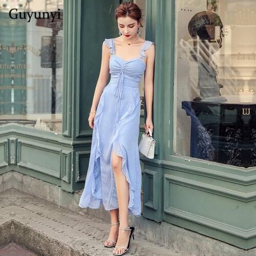 Sky Blue British Style Chiffon Dress 2020 Summer Sleeveless Spaghetti Strap Chest Drawstring Ruffles Party Elegant Dress Women