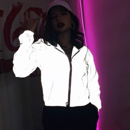 Reflective Jacket Hip Hop Streetwear Fashion Casual Hooded Coat Zippers 2020 Spring Women Bomber Jackets Girls Neon Cropped Tops