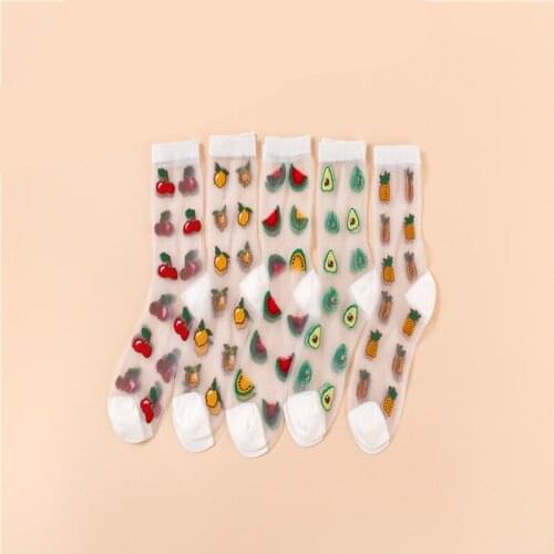 Korean Style Thin Transparent Funny Socks Women Fruit Avocado Watermelon Pineapple Creative Design Glass Skarpety Lace Sokken