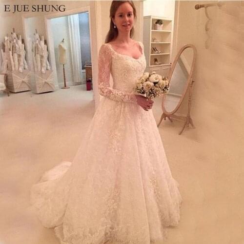 E JUE SHUNG ivory Vintage lace long sleeves Wedding Dresses 2019 v-neck Cheap Wedding Gowns Bride Dress robe de mariee