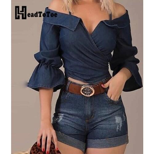 Solid Color Flared Sleeve Blouse Tops Women Sexy Spaghetti Strap Off Shoulder Crop Tops