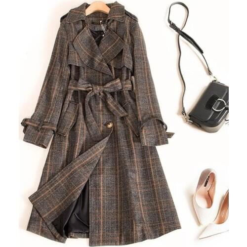 2019 Spring Autumn Casual Trench coat for women Plaid Plus Size Breasted Europe Long Double-breasted Belt Windbreaker Outerwear