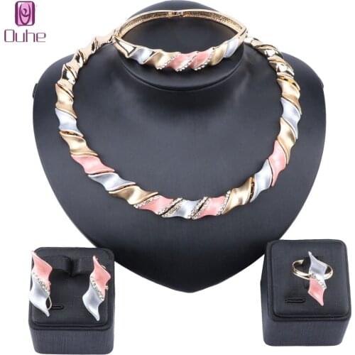 Women Bridal African Jewelry Sets Fashion Necklace Bangle Earrings Ring Bridesmaid Dubai Gold Colorful Crystal Jewelry Sets