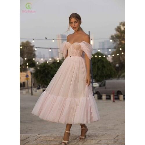 SSYFashion New Sweet Pink Cocktail Dresses for Women Sweetheart A-line Sexy Tea-length Evening Party Gowns Vestidos De Noche
