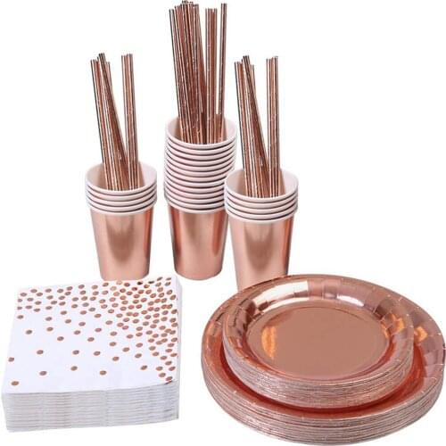 146pcs Rose Golden Paper Cups Plates Straws Set Tableware Birthday Party Decor Wedding Tableware for Kitchen