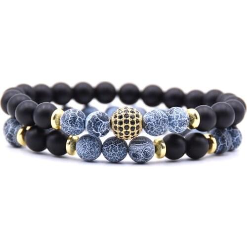 2pc/sets 8mm Natural stone Bracelet men Micro Pave CZ Disco Ball Charms Bracelets for women Men jewelry viking bijoux