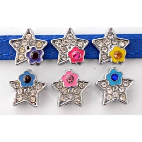 8mm Crystal Flower Star Slide Charms Flat Hole Metal Beads Keeper Fit 8mm Stainless Steel Mesh Bracelets DIY Jewelry Making
