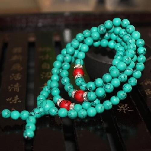 National style Turquoise Bracelet Chinese style Tibetan style handstring red pine stone beads 108 Buddhist beads