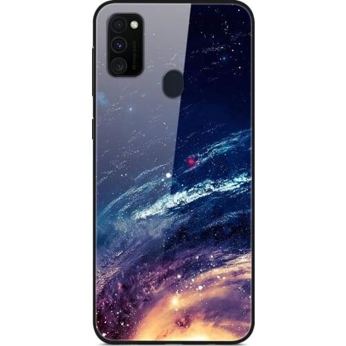 For Samsung Galaxy M30s Phone Case Tempered Glass Case Back Cover With Black Silicone Bumper Star Sky Pattern