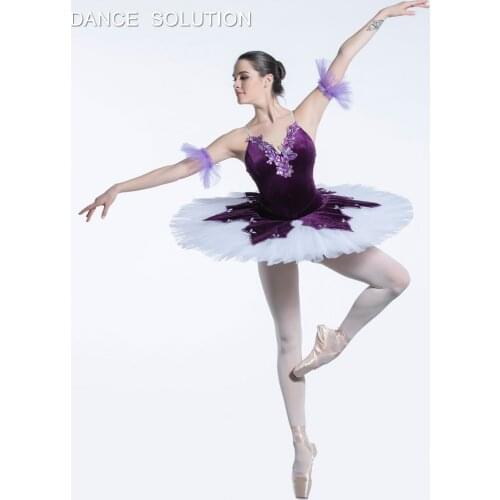 Professional Ballet Dance Tutu Dark Purple Velvet Bodice with 7 Layers White Pleated Tulle Tutu Skirt Girls Pancake Tutus BLL077