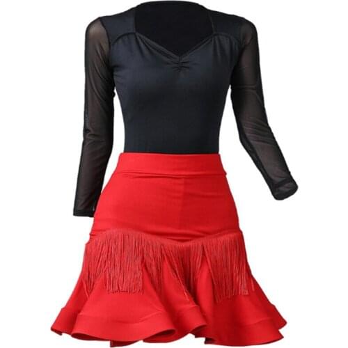 Adult Women Latin Tops and skirt Long Sleeved Jumpsuits Stage Clothing Ballroom Samba Cha Cha Dancing Practice Costum Dancewear