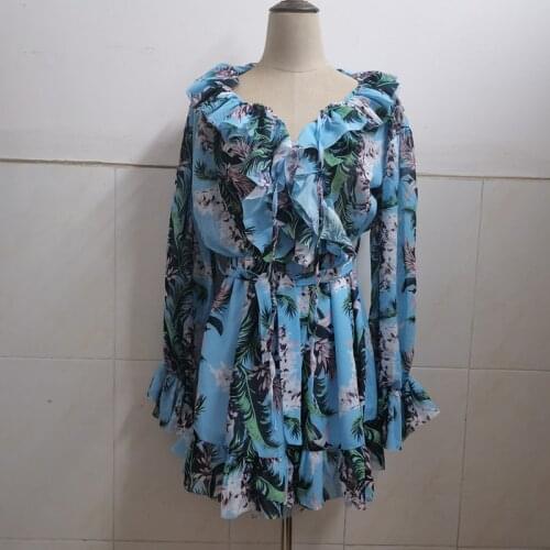 Blue Print Jumpsuit for Women 2021 New Summer Fashion Casual Belt Short Rompers Sexy Woman Boho Holiday Beach Loose Playsuits