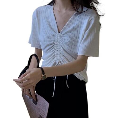Sweet Short Sleeve V-neck Drawstring Tshirt Thin Bottoming Summer Short Knitted Tee Top Womens T-shirts