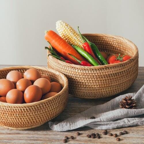 Woven Rattan Storage Basket Snack Fruit Food Handmade Picnic Tray Bread Plate Dishes Multifunction Household Storage Decoration