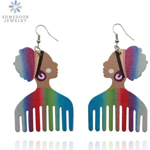 SOMESOOR Rainbow Color African Headwrap Comb Wood Drop Earrings Afrocentric Natural Hair Ethnic Bohemian Jewelry For Women Gifts