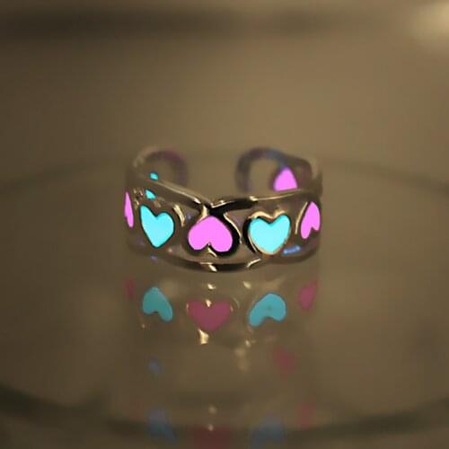 Glowing ring Glow In The Dark Hollow Heart love Open ring Women cupronickel Rings blue pink Original Luminous ring girls 2 color