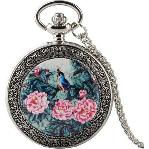 Top Luxury Silver Quartz Pocket Watch Vivid Bird On the Tree with Exquisite Flowers patterns Necklace Pendant Gifts Chain Watch