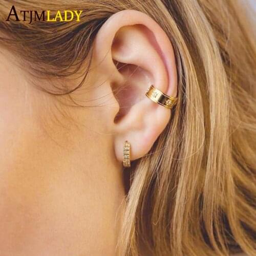 High Polish Simple European Women Jewelry Gold Color 5A Sparking CZ Starburst Star Signet Band Simple Ear Cuff Clip On Earring