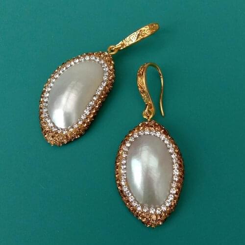 YYGEM Natural White Shell Trimmed With Golden Crystal pave Dangle Gold plated Hook Earrings