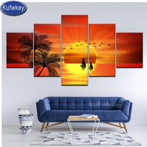 Sunset bird boat 5 Pieces diamond painting set mosaic diamond embroidery Diamond Canvas wall painting for living room decor home