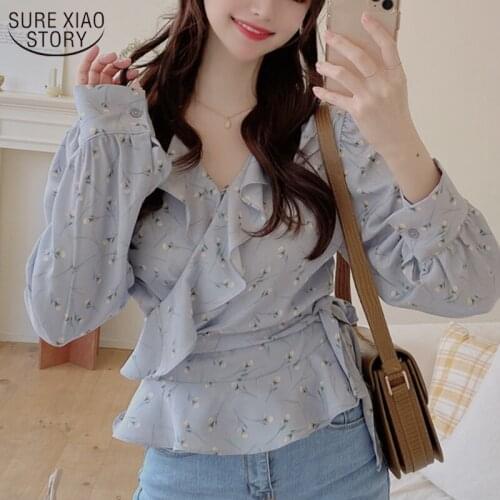 2021 Puff Sleeve Clothing Blusas Mujer Casual Long Sleeve Women Blouse Autumn Ruffled Floral Chiffon Shirt Women Office 10249