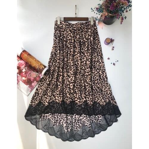 Women Skirt Leopard Print Lace Half Skirt Stitched Lace Elasticated High Waist Midi Skirt