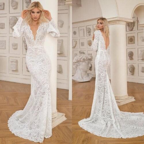 2021 Wedding Dresses V Neck Long Sleeves Lace Appliques Mermaid Bridal Gowns Custom Made Backless Sweep Train vestidos de novia