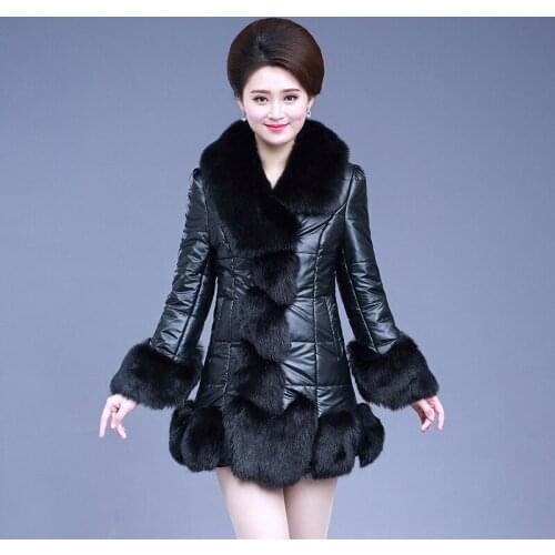 Winter new Leather Coat Female fur one female long section fox fur collar Fur Coat fashion faux fur thick Leather Jacket Women